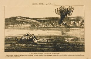 Filosofiska betraktelser av en älskare av stillsamma nöjen. Att flyta på rygg i en timme i en lugn biflod till Marne med lite vatten, några näckrosor och massor av grodor: det är vad som gör en man lycklig!, från Les Baigneurs av Honoré Victorin Daumier