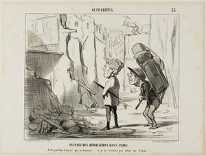 Resultatet av rivningen av byggnader i Paris. "- Det var trots allt här jag bodde.... och jag hittar inte ens min fru längre", platta 55 från Actualités av Honoré Victorin Daumier