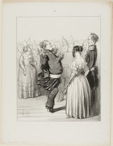 Rifolard öppnar bollen och utför ett djärvt danssteg framåt, vilket får mycket beröm, platta 5 från Les Banqueteurs av Honoré Victorin Daumier