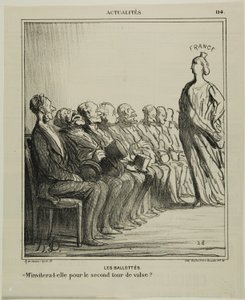 Run-off val. "- Kommer hon att bjuda upp mig till en andra vals", platta 114 från Actualités av Honoré Victorin Daumier