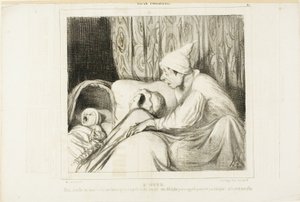 Känslan av att höra. "- Vakna Nini! .... Jag har ringt henne i mer än en timme, och hon svarar alltid: ja Adolphe. Men varken barnets namn eller mitt är Adolphe!", plansch 41 från Types Parisiens av Honoré Victorin Daumier