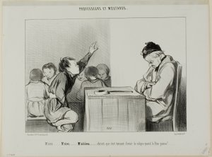 "Sir... Sir... Siiiirrrr... Herregud, det är irriterande att ha kolik när handledaren övervakar", platta 13 från Professeurs Et Moutards av Honoré Victorin Daumier
