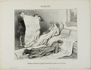 Prenumeranterna försöker klara sig med sin tidning, plansch 115 från Actualités av Honoré Victorin Daumier