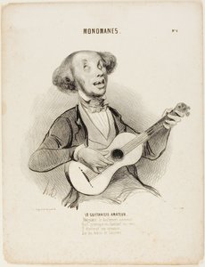 Den amatörmässige gitarristen. Han trotsar allas gäspningar, när han sjunger sin ynkliga vers, han skulle sjunga en salongsvisa, på universums ruiner...", plansch 4 ur Monomanes av Honoré Victorin Daumier