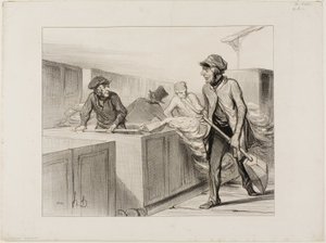 Badkarsbilarna. "- Säg, Jerome.... såg du dessa resenärer igår som klagade på våra bilar under förevändning att regnet besvärade dem - För endast 7 Francs reste de till Orléans, inklusive ett fyra timmars bad.... det finns människor som av Honoré Victorin Daumier