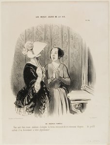 Pamela-hatten. "Du gör helt rätt Madame att anta denna förtjusande form av en ny hatt...... särskilt från sidan matchar den vackert din fysionomi.....!,"plansch 76 från Les Beaux Jours De La Vie av Honoré Victorin Daumier