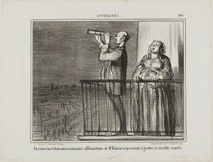Parisborna litar inte riktigt på Monsieur Babinets försäkringar och insisterar på att ligga i väntan på kometen, plansch 394 från Actualités av Honoré Victorin Daumier