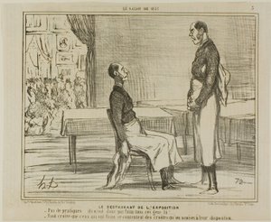 Restaurangen på utställningen. "- Inga kunder alls ... är inte dessa människor hungriga - Jag antar att de hungriga äter de snacks som de erbjöds", plansch 3 från Le Salon De 1857 av Honoré Victorin Daumier