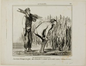 En vinodlares bekymmer. "- Vi slapp frosten..... allt vi nu behöver oroa oss för är solen, regnet, vinmjöldaggen och allt det andra...", plansch 397 från Actualités av Honoré Victorin Daumier
