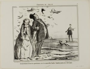 Nackdelen med att skjuta på unga rapphöns med de nya explosiva kulorna från Devisme, plansch 17 från Émotions De Chasse av Honoré Victorin Daumier