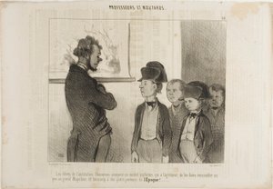 Eleverna på institutet Pascareau provar sin nya skoluniform som får dem att se ut lite som den store Napoleon och mycket som små tidningspojkar, plansch 25 från Professeurs Et Moutards av Honoré Victorin Daumier