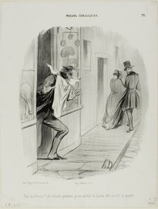 "Där går min fru!!! Åh, den eländiga, medan jag rakar mig gör hon mig till hanrej!", platta 22 från Moeurs Conjugales av Honoré Victorin Daumier