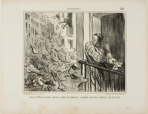 Vy tagen över Paris gator efter föreställningen av den berömda moralistiska komedin "La Bourse", plansch 330 från Actualités av Honoré Victorin Daumier