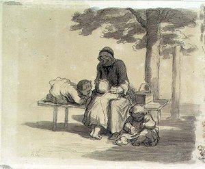 En mormor (grå tvätt och penna och bläck på papper) av Honoré Daumier