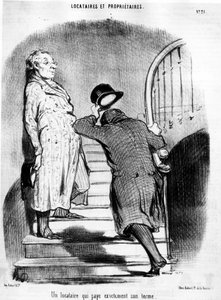 En hyresgäst som betalar exakt sin mandatperiod, hämtad från "" Tenants et Owners"", tecknad serie av Honore Daumier (1808-1879). “Charivari” av Honoré Daumier
