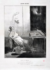 Konstverk av Honore Daumier (1808-1879) Charivari härstammar från 1842: Serie HISTORIE ANCIE Les Nuits de Penelope “” Från hennes frånvarande förtjusande profil lyste Forever med sina söta ögon som en stjärna Syfte att väva tre år och hennes list och hans  av Honoré Daumier