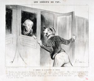 Konstverk av Honore Daumier (1808-1879). Charivari är från 1843: Serie LES RAILWAYS Faran att somna på en resa "" -Vakna upp Sir och gå av bilen! - Vart kör vi? - Men Rouen parbleu! – I Rouen och jag som bara ville åka till Poiss av Honoré Daumier