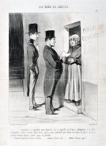 Konstverk av Honore Daumier (1808-1879). Charivari härstammar från 1845: Serie LES PEANS DE JUSTICE “” -... och talade vid hans dörröppning så förklarat, har betytt för honom att han var tvungen att lyda nämnda summering, annars och underlåta att göra så a av Honoré Daumier