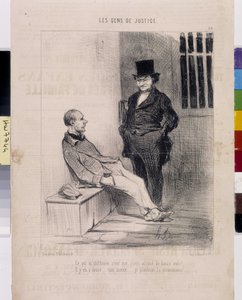 Konstverk av Honore Daumier (1808-1879). Charivari är från 1845: Serie LES PEANS DE JUSTICE. "" Det som stör mig är att jag är anklagad för 12 rån! - Det finns tolv... mycket bättre... Jag kommer att åberopa monomanin””” utdrag ur tidningen Le”” Charivari av Honoré Daumier