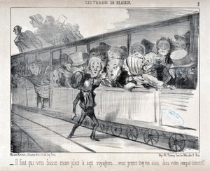 Konstverk av Honore Daumier (1808-1879). Charivari är från 1852: Serie LES TRAINS DE PLEASURE - Du måste göra plats för sju passagerare... du är för bekväm i din kupé! MUSEET FÖR FINA KONST - PALACE LONGCHAMP, MARSEILLE av Honoré Daumier