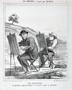 Konstverk av Honore Daumier (1808-1879). Charivari är från 1865: Serie LES ARTISTS Les paysagistes. "Den första kopierar naturen, den andra kopierar den första"" MUSEET FÖR SKÖNHETSKONST - PALAIS LONGCHAMP, MARSEILLE av Honoré Daumier