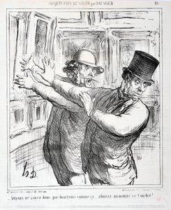 Konstverk av Honore Daumier (1808-1879). Charivari är från 1865: Serie Sketches Tagen at the Salon “” -Låt oss inte vara borgerliga så här... beundra åtminstone denna Courbet! "" MUSEET FÖR FINA KONST - PALACE LONGCHAMP, MARSEILLE av Honoré Daumier