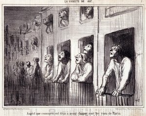 Tecknad film om vetenskap. Serie Sur “” la Comete de 1857””: “” Aspekt som redan börjar ha varje natt på Paris gator””. Gravyr av Honore DAUMIER (1808-1879). Utdrag ur tidningen "" Le Charivari"". Mått 38x25cm. Inv D - box 7 Marseille, av Honoré Daumier