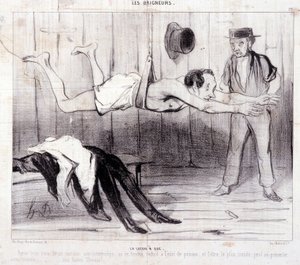 Tecknad film om turister på semester. Serien "" Les Baigneurs"": "" La lecon a dry""". Serien "" Les Baigneurs"": "" La lecon a dry""". Gravyr av Honore DAUMIER (1808-1879). Utdrag ur tidningen "" Le Charivari"". Dim 25x36cm box 12 Marseille, Musee av Honoré Daumier