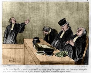 Tecknad av Daumier: Serie "" Les Gens de justice"" publicerad i "" Charivari"" av 1845-08-15. En advokat vädjar i domstolen och sover.