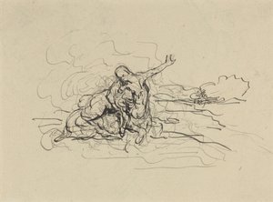 Centaur Carrying Off a Woman (penna och svart bläck med lavering över krita på liggande papper) av Honore Daumier