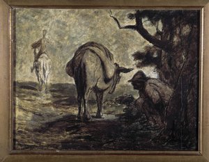 Don Quijote och Sancho Panza. Illustration från romanen av Miguel Cervantes Don Quixote de la Mancha (Den geniala Hidalgo Don Quixote de la Mancha). Målning av Honore Daumier (1808-1879). Olja på duk. Sol. 24x31 Musee des Beaux Arts, Palais Longchamp av Honoré Daumier