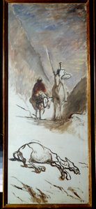 Don Quijote och den döda mulen Illustration från romanen av Miguel Cervantes "Don Quixote de la Mancha" (Den geniala Hidalgo Don Quixote de la Mancha). Målning av Honore Daumier (1808-1879). 1800-talets sön. 1,32x0,54m. av Honoré Daumier