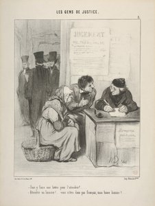 "Måste man skriva ett brev för att mjuka upp honom?... Mjuka upp en kronofogde!... Ni är alltså inte fransman, min brave man?....", plansch 5 ur Les Gens de Justice av Honoré Daumier