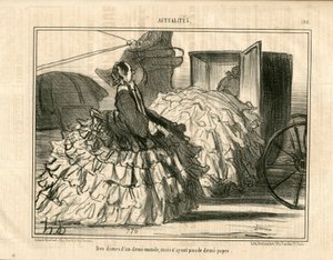 Le Charivari, satirisk i B & B, ca. 1855_5_11: Nyheter n* 190. Damer av en demi-monde men inte kjolar. - Mode, Transport, Crinolines - Illustration för kvinnor av Honore Daumier (1808-1879) av Honoré Daumier