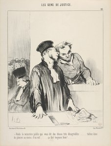 Rättvisans folk, plansch 21, "Där är åklagarmyndigheten som säger mycket obehagliga saker till er" av Honoré Daumier