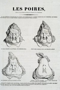 Päron: Karikatyr som representerar en metamorfos av Louis Philippes ansikte i päron. Teckning av Honore Daumier (1808-1879) efter originalteckningen av Charles Philippon (1806-1862) "" La Caricature"", januari 1832 Paris, Musee Carnavalet av Honoré Daumier
