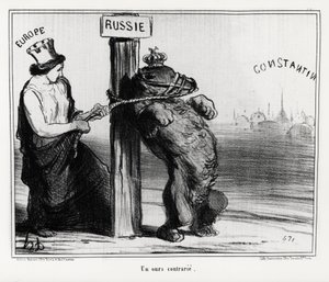 Ryssland: en björn som är upprörd (av Europa). I mars 1854 bildade Frankrike och England en allians med Turkiet mot Ryssland Illustration av Honore Daumier (1808-1879), publicerad i nyheterna "Charivari". av Honoré Daumier