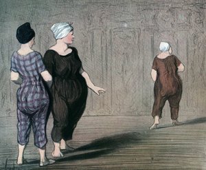 Serien "" Les batheuses"" två kvinnor i baddräkt undersöker skärningen av en annan, karikatyr av Honore Daumier (1808-1879) 1844 (Badarna: två damer i baddräkt, tittar upp och ner i midjan på en annan) Privat samling av Honoré Daumier