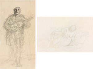Sjungande gitarrist (rekto); Liggande kvinna lutad på sin arm (verso) av Honoré Daumier