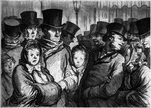 Temple Boulevard vid midnatt. Till vänster, människor som kommer ut ur dramat. Okej, folk som lämnar funambules. Tecknad av Honore Daumier (1808-1879). Gravyr i "" Le Monde Illustré"" nr 254 den 22 februari av Honoré Daumier