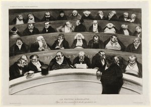 The Legislative Belly: Utsikt över ministerbänkarna i Impromptu-kammaren 1834 (litografi) av Honoré Daumier
