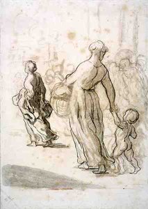 Two Women and a Child, ca 1848-50 (krita, kol och gouache på antikt papper) av Honoré Daumier