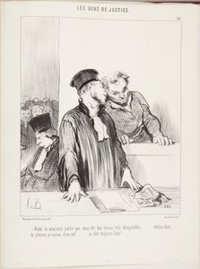 Här är åklagaren som säger mycket obehagliga saker till er... försök åtminstone gråta med ett öga... det tar sig alltid väl ut! av Honoré Daumier