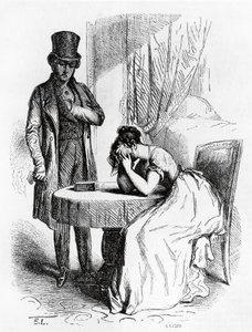 Kvinna i förtvivlan under mannens blick, illustration från Ferragus av Honore de Balzac (1799-1850), fransk upplaga