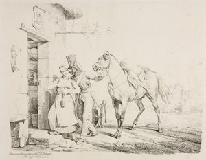 En husar som omfamnar en tjänare. av Emile Jean Horace Vernet