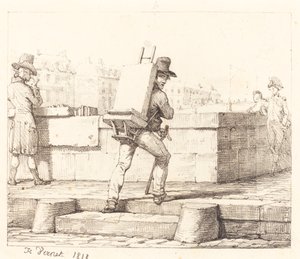 Konstnär som bär staffli med en litografisk sten av Emile Jean Horace Vernet