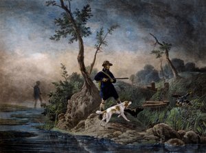 Ankajakt i kärr, gravyr baserad på målning av Horace Vernet (1789-1863) av Emile Jean Horace Vernet