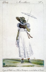 Modegravyr av Horace Vernet (1789 - 1863), gjord omkring 1810 för "A Wonderful", föreställande en kvinna som bär en ecru baldakin, ett blodigt, tartanbroderi och ett paraply. av Emile Jean Horace Vernet