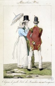 Modegravyr av Horace vernet (1789 - 1863) gjord omkring 1810 för nummer 25 av en "Fantastisk", som representerar feminint mode (halmhatt och chiffongklänning) och maskulint. av Emile Jean Horace Vernet