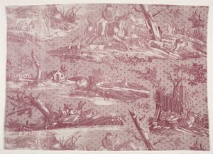 Fragment av kopparstickstryck i bomull med motiv av jaktscener av Horace Vernet
